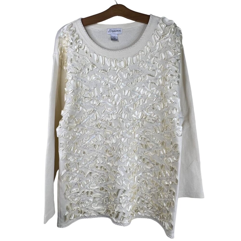 Gantos Blouse Size Large Beaded Sequins Ribbon Applique Long Sleeve Top Cream